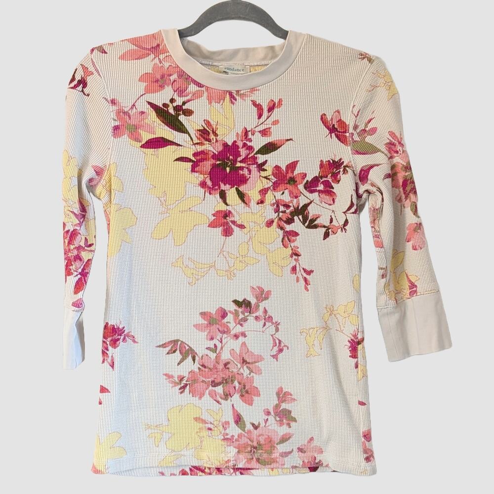 Sundance Floral Waffle Knit Top Small Pink Yellow 3/4 Sleeve Boho